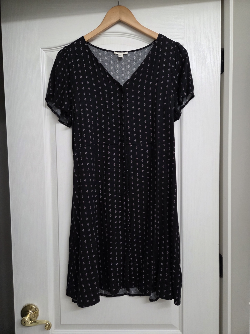 Goodthreads Black Diamond Print Button Front Shirt Dress Short Sleeve Size L